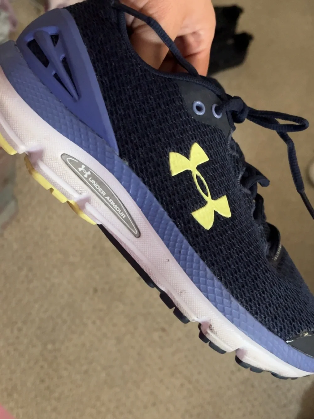 Under Armour womens Navy and Yellow Lace-Up Athletic Sneakers
